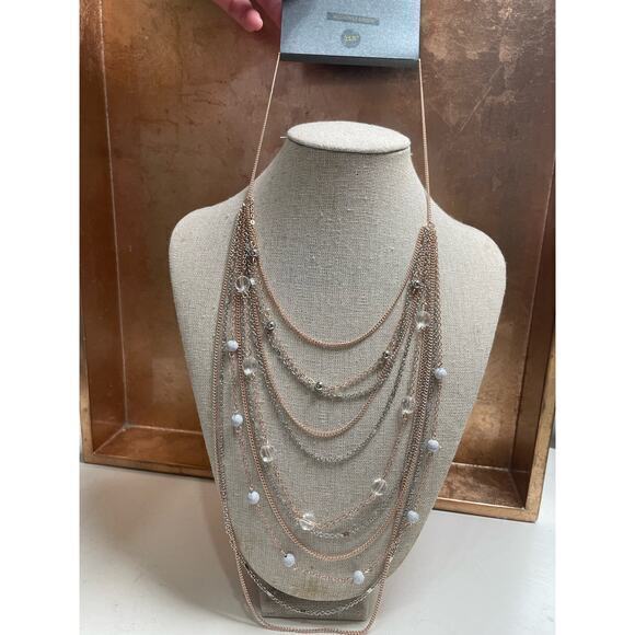 NWT Layered Necklace Rose Gold‎ & Silver Chain with Enamel & Crystal Beads 21.5" - Picture 3 of 8